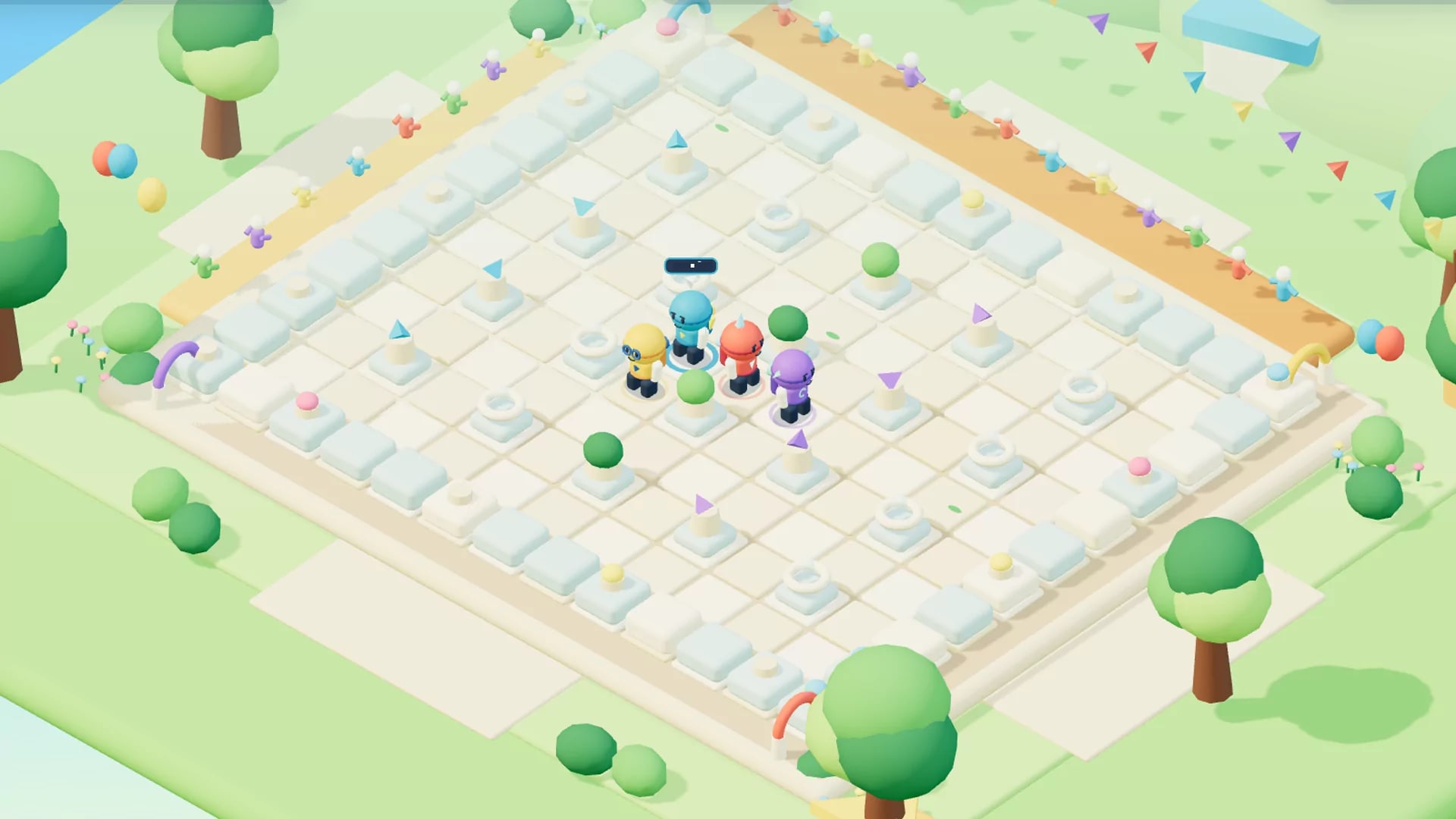 Bomber Battle garden arena viewed from above with four colorful competitors and destructible blocks